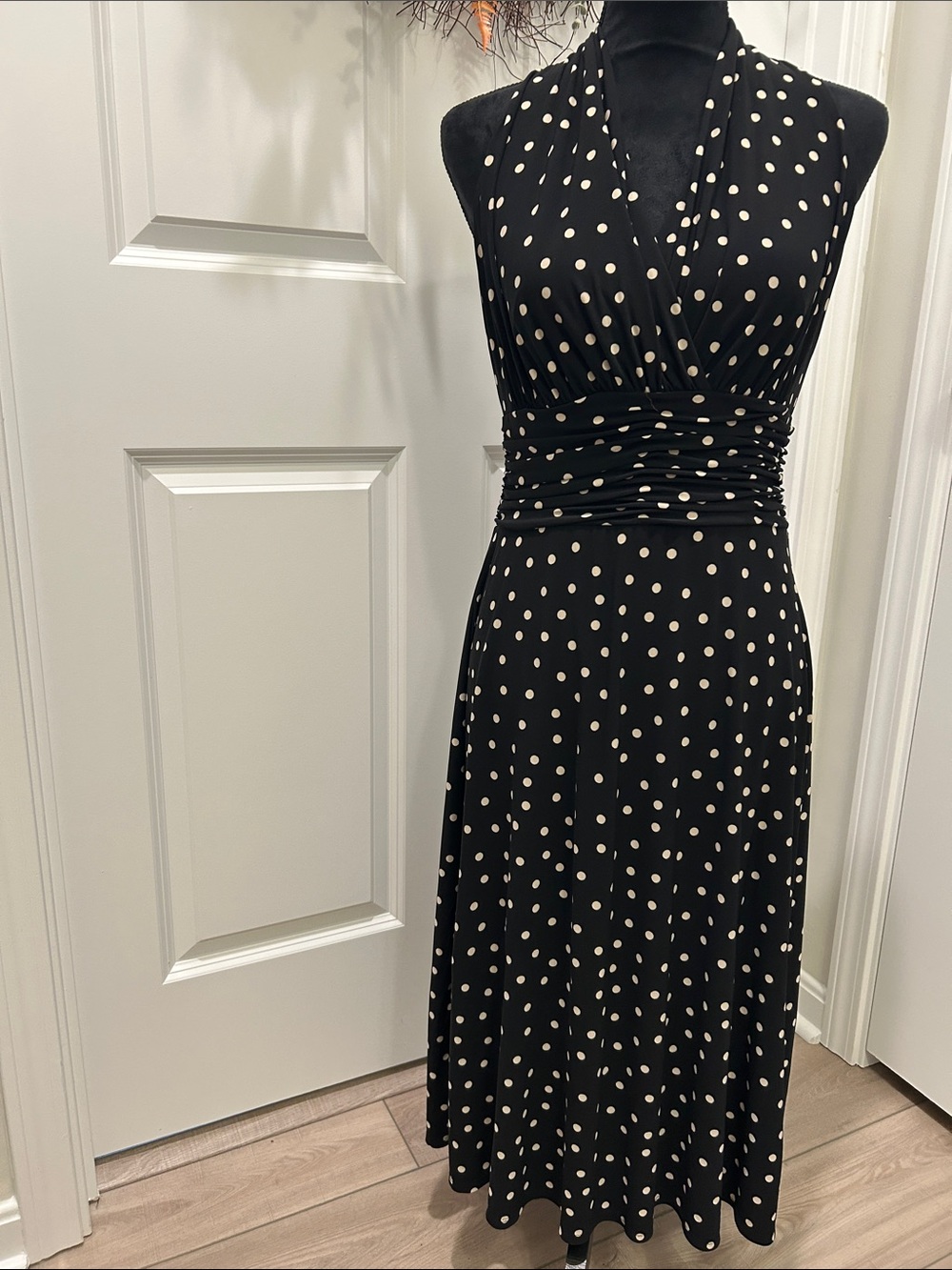 Black With Cream Polka Dot Halter Midi Dress Size 6 by Van Picone - Picture 2 of 12
